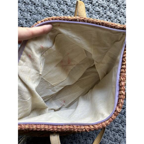 Vintage Woven Wicker Rattan Straw Handbag Tote Purse Bag Leather Straps - Picture 7 of 8
